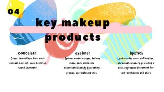 key makeup
products
eyeliner lipstick
concelear
Cover, camouflage, hide, mask,
conceal, correct, even, brighten,
blend, illuminate.
. Eyeliner enhances eyes, defines
shape, adds drama, and
accentuates beauty by creating
precise, eye-catching lines.
Lipstick adds color, defines lips,
and elevates beauty, providing a
bold, expressive statement for
self-confidence and allure
04
 