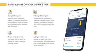 Manage trip requests
Allow your drivers to efficiently
manage the passenger requests with
exclusive features to view the details
of the rides assigned and immediate
alert notifications.
Daily expedition reports
Detailed report of daily income in
addition to a detailed summary of the
completed and upcoming rides helps
your drivers survey their earnings and
rides.
Accept or reject request
This feature gives the drivers an
authority to accept or reject the
customer’s request.
Letting street pick-ups
Eliminate the waiting time of your
drivers for another ride request allowing
them to choose street pick-up option to
pick up passengers.
BRING A SMILE ON YOUR DRIVER'S FACE
 