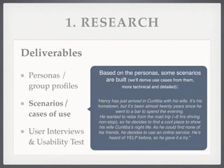 1. RESEARCH
Personas /
group proﬁles
Scenarios /
cases of use
User Interviews
& Usability Test
Deliverables
Based on the p...