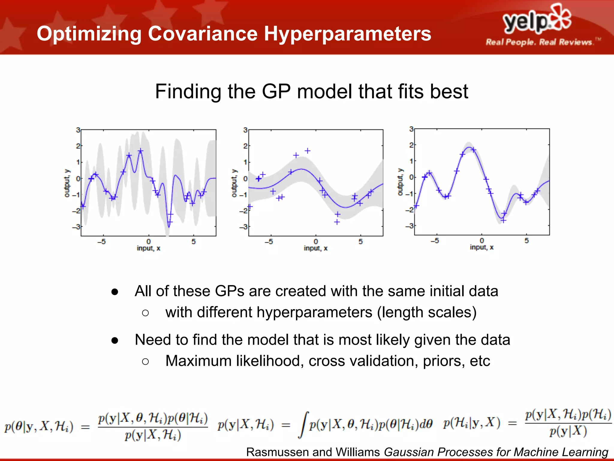 Optimizing Covariance Hyperparameters
Finding the GP model that fits best

●

All of these GPs are created with the same initial data
○ with different hyperparameters (length scales)

●

Need to find the model that is most likely given the data
○ Maximum likelihood, cross validation, priors, etc

Rasmussen and Williams Gaussian Processes for Machine Learning

 