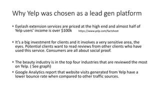 Why Yelp was chosen as a lead gen platform
• Eyelash extension services are priced at the high end and almost half of
Yelp users’ income is over $100k
• It’s a big investment for clients and it involves a very sensitive area, the
eyes. Potential clients want to read reviews from other clients who have
used this service. Consumers are all about social proof.
• The beauty industry is in the top four industries that are reviewed the most
on Yelp. ( See graph)
• Google Analytics report that website visits generated from Yelp have a
lower bounce rate when compared to other traffic sources.
 