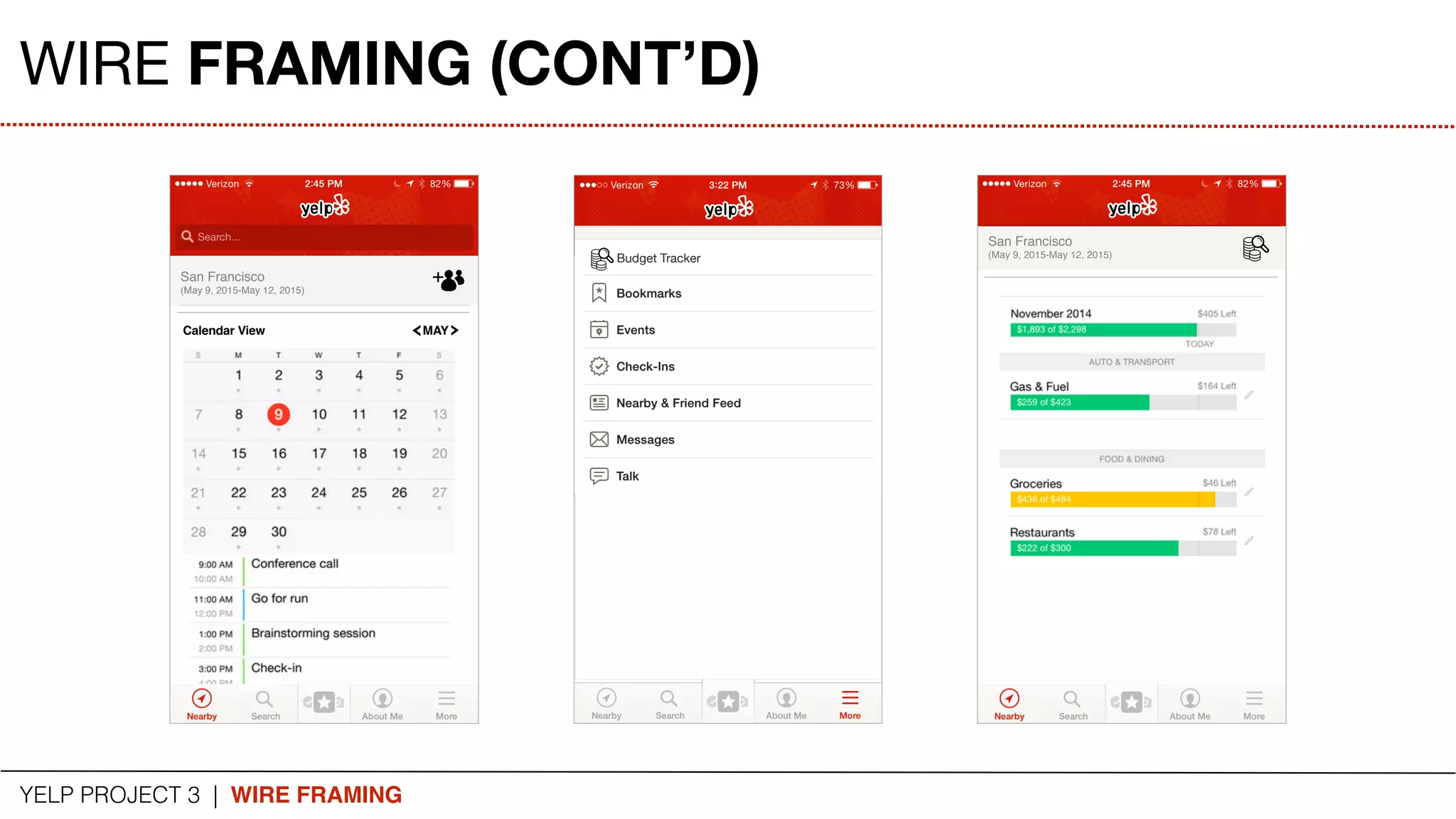 YELP PROJECT 3 | WIRE FRAMING
WIRE FRAMING (CONT’D)
San Francisco
(May 9, 2015-May 12, 2015)
Calendar View MAY
San Francisco
(May 9, 2015-May 12, 2015)
Budget Tracker
San Francisco
(May 9, 2015-May 12, 2015)
San Francisco
(May 9, 2015-May 12, 2015)
 
