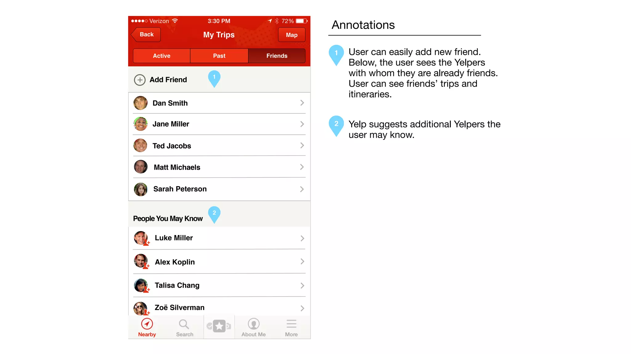 My TripsBack Map
Active Past Friends
Add Friend+
Dan Smith
Jane Miller
Ted Jacobs
Matt Michaels
People You May Know
Sarah Peterson
Alex Koplin
Luke Miller
Talisa Chang
Zoë Silverman
1
2
Annotations
1
2
User can easily add new friend.
Below, the user sees the Yelpers
with whom they are already friends.
User can see friends’ trips and
itineraries.
Yelp suggests additional Yelpers the
user may know.
 