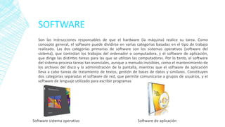 SOFTWARE
Son las instrucciones responsables de que el hardware (la máquina) realice su tarea. Como
concepto general, el software puede dividirse en varias categorías basadas en el tipo de trabajo
realizado. Las dos categorías primarias de software son los sistemas operativos (software del
sistema), que controlan los trabajos del ordenador o computadora, y el software de aplicación,
que dirige las distintas tareas para las que se utilizan las computadoras. Por lo tanto, el software
del sistema procesa tareas tan esenciales, aunque a menudo invisibles, como el mantenimiento de
los archivos del disco y la administración de la pantalla, mientras que el software de aplicación
lleva a cabo tareas de tratamiento de textos, gestión de bases de datos y similares. Constituyen
dos categorías separadas el software de red, que permite comunicarse a grupos de usuarios, y el
software de lenguaje utilizado para escribir programas
Software sistema operativo Software de aplicación
 