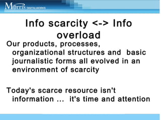 Info scarcity <-> Info
overload
Our products, processes,
organizational structures and basic
journalistic forms all evolve...