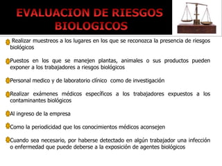 Realizar muestreos a los lugares en los que se reconozca la presencia de riesgos
biológicos

Puestos en los que se manejen plantas, animales o sus productos pueden
exponer a los trabajadores a riesgos biológicos

Personal medico y de laboratorio clínico como de investigación

Realizar exámenes médicos específicos a los trabajadores expuestos a los
contaminantes biológicos

Al ingreso de la empresa

Como la periodicidad que los conocimientos médicos aconsejen

Cuando sea necesario, por haberse detectado en algún trabajador una infección
o enfermedad que puede deberse a la exposición de agentes biológicos
 