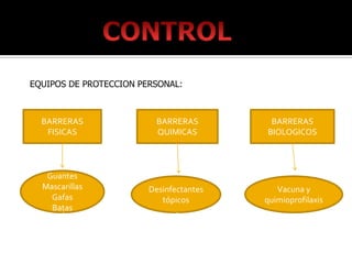 EQUIPOS DE PROTECCION PERSONAL:



  BARRERAS                BARRERAS        BARRERAS
   FISICAS                QUIMICAS       BIOLOGICOS




   Guantes
  Mascarillas           Desinfectantes      Vacuna y
    Gafas                  tópicos       quimioprofilaxis
    Batas
 