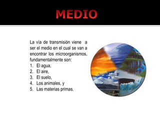 La vía de transmisión viene a
ser el medio en el cual se van a
encontrar los microorganismos,
fundamentalmente son:
1. El agua,
2. El aire,
3. El suelo,
4. Los animales, y
5. Las materias primas.
 