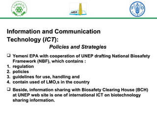 Information aanndd CCoommmmuunniiccaattiioonn 
TTeecchhnnoollooggyy ((IICCTT)):: 
PPoolliicciieess aanndd SSttrraatteeggiieess 
 YYeemmeennii EEPPAA wwiitthh ccooooppeerraattiioonn ooff UUNNEEPP ddrraaffttiinngg NNaattiioonnaall BBiioossaaffeettyy 
FFrraammeewwoorrkk ((NNBBFF)),, wwhhiicchh ccoonnttaaiinnss :: 
11.. rreegguullaattiioonn 
22.. ppoolliicciieess 
33.. gguuiiddeelliinneess ffoorr uussee,, hhaannddlliinngg aanndd 
44.. ccoonnttaaiinn uusseedd ooff LLMMOO,,ss iinn tthhee ccoouunnttrryy 
 BBeessiiddee,, iinnffoorrmmaattiioonn sshhaarriinngg wwiitthh BBiioossaaffeettyy CClleeaarriinngg HHoouussee ((BBCCHH)) 
aatt UUNNEEPP wweebb ssiittee iiss oonnee ooff iinntteerrnnaattiioonnaall IICCTT oonn bbiiootteecchhnnoollooggyy 
sshhaarriinngg iinnffoorrmmaattiioonn.. 
 