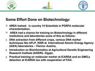 Some Effort DDoonnee oonn BBiiootteecchhnnoollooggyy:: 
 AARREEAA ttrraaiinneedd iinn ccoouunnttrryy 1144 SScciieennttiissttss iinn PPGGRRFFAA mmoolleeccuullaarr 
cchhaarraacctteerriizzaattiioonn,, 
 AARREEAA hhaadd aa cchhaannccee ffoorr ttrraaiinniinngg oonn BBiiootteecchhnnoollooggyy iinn ddiiffffeerreenntt 
iinnssttiittuuttiioonnss aanndd llaabboorraattoorriieess ssoommee ooff tthhiiss aass ffoolllloowwss:: 
11.. DDNNAA eexxttrraaccttiioonn ffrroomm ddiiffffeerreenntt ccrrooppss,, vvaarriioouuss DDNNAA mmaarrkkeerr 
tteecchhnniiqquueess lliikkee AAFFLLPP,, IISSSSRR aatt IInntteerrnnaattiioonnaall AAttoommiicc EEnneerrggyy AAggeennccyy 
((IIAAEEAA)) llaabboorraattoorriieess –– VViieennnnaa-- AAuussttrriiaa,, 
22.. IInnttrroodduuccttiioonn oonn BBiiooiinnffoorrmmaattiiccss aatt AAggrriiccuullttuurraall GGeenneettiicc EEnnggiinneeeerriinngg 
RReesseeaarrcchh IInnssttiittuuttee ((AAGGEERRII)) ––EEggyypptt,, 
33.. PPrraaccttiiccaall ttrraaiinniinngg oonn mmoolleeccuullaarr mmaarrkkeerr aatt IICCAARRDDAA aanndd oonn GGMMOO,,ss 
ddeetteeccttiioonn aatt IICCAARRDDAA ttoooo wwiitthh ccooooppeerraattiioonn ooff FFAAOO.. 
 