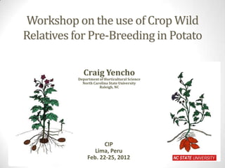 Workshop on the use of Crop Wild
Relatives for Pre-Breeding in Potato

              Craig Yencho
           Department of Horticultural Science
             North Carolina State University
                      Raleigh, NC




                       CIP
                   Lima, Peru
                Feb. 22-25, 2012
 