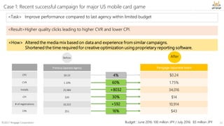 Yengage Japanese team
$0.24
1.75%
34,016
$14
10,914
$43
©2017 Yengage Corporation 10
Case 1: Recent successful campaign for major US mobile card game
10
Budget : June 2016: 100 million JPY / July 2016: 83 million JPY
CPC
CVR
Installs
CPI
# of registrations
CPA
<Task> Improve performance compared to last agency within limited budget
<Result>Higher quality clicks leading to higher CVR and lower CPI.
Before
Previous Japanese Agency
$0.23
1.10%
25,984
$20
10,322
$51
30%
+8032
+592
16%
60%
4%
After
<How> Altered the media mix based on data and experience from similar campaigns.
Shortened the time required for creative optimization using proprietary reporting software.
 