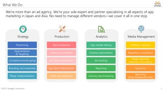 Positioning
Segmentation
& Targeting
Competitive landscaping
Branding and awareness
Phase Implementation
App localization
Cultural consultation
Ad creative localization
App Store Optimization
Video ad production
App market testing
Creative optimization
Ad tracking
Reporting
Industry benchmarking
Publisher relations
Regulatory compliance
Media planning,
selection, and buying
Operation
Reporting
(Daily/Weekly/Monthly)
We’re more than an ad agency. We’re your sole expert and partner specializing in all aspects of app
marketing in Japan and Asia. No need to manage different vendors—we cover it all in one stop.
©2017 Yengage Corporation 3
What We Do
Strategy AnalyticsProduction Media Management
 