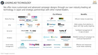 Our Alliance Benefits
Media Planning Efficient media mix planning
RTB
Wide variety of ad selection in
Japan with high quality targeting
Ad server
Facilitated management of
in-app ad space
Analytics
Reliable tracking of campaigns for
continual improvement
Social media
management
Effective and responsive
social media marketing
We offer more customized and advanced campaign designs through our own industry leading ad
technology in Japan and strategic partnerships with other market leaders.
©2017 Yengage Corporation 5
LEADING AD TECHNOLOGY
Media Planning Ad Operation
Competitive Analysis
Search Keyword Creation Affiliate Site Monitoring
DSP Mobile DSP SSP RTB HubVideo DSP
Publisher Ad-Server Ad Operation Video Ad-Server
Tag Management/Performance Analytics
Mobile App Analytics
& Marketing
Mobile Ad Tracking
Ad Operation
For Facebook & Twitter
Messaging Management Social Page Analytics Buzz Visualizer Social Media Marketing
 