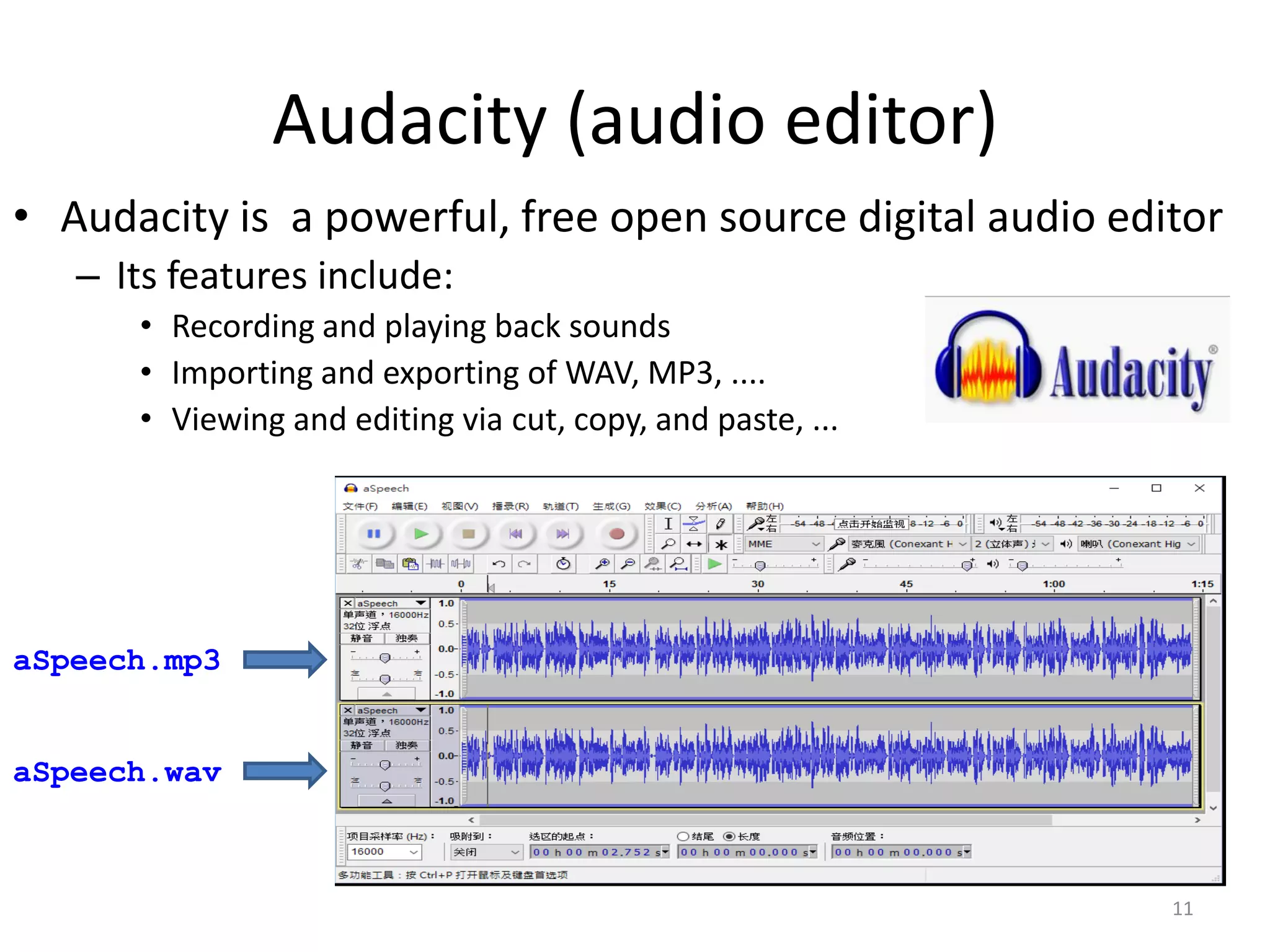 Audacity (audio editor)
• Audacity is a powerful, free open source digital audio editor
– Its features include:
• Recording and playing back sounds
• Importing and exporting of WAV, MP3, ....
• Viewing and editing via cut, copy, and paste, ...
11
aSpeech.mp3
aSpeech.wav
 