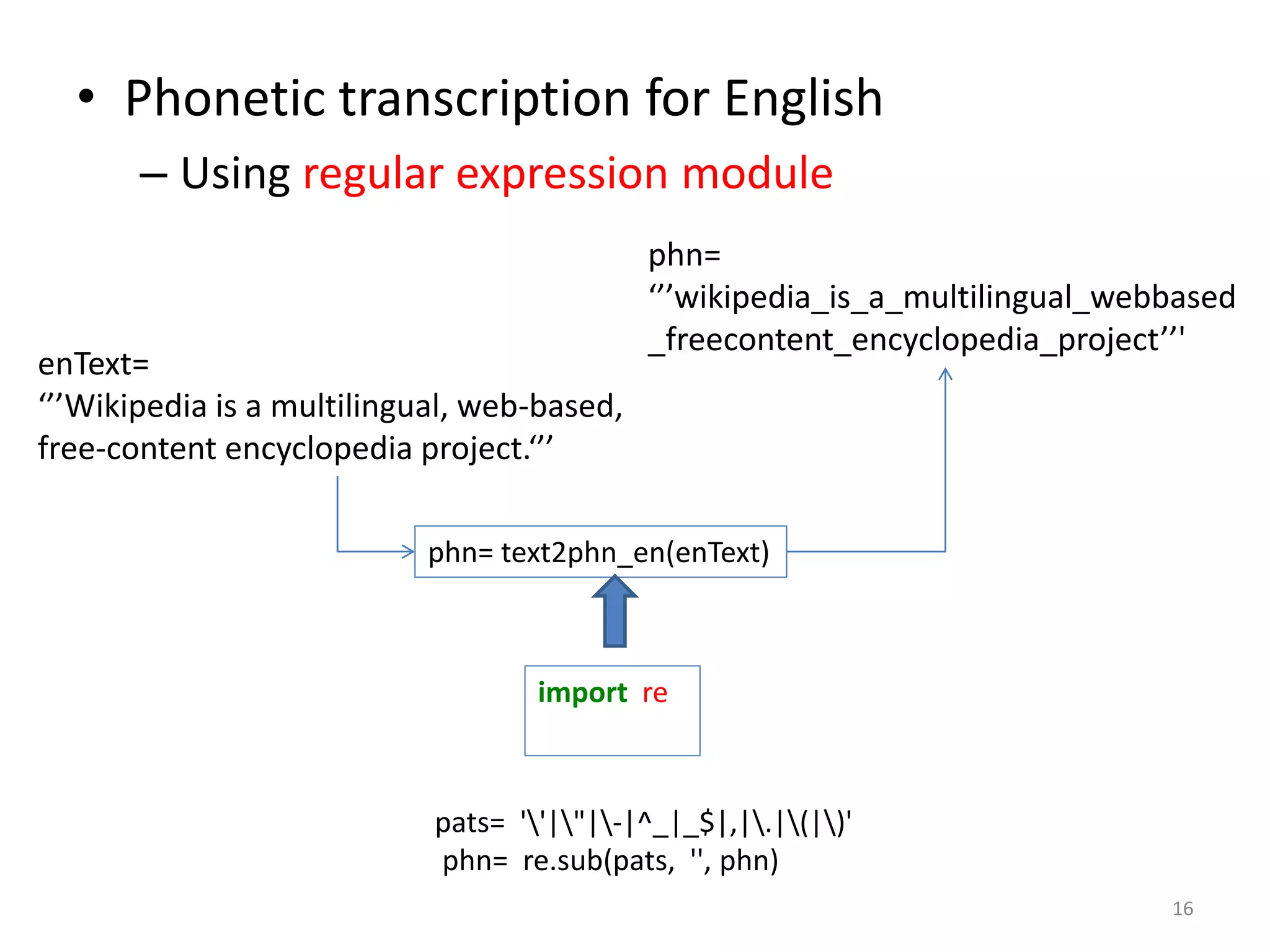 • Phonetic transcription for English
– Using regular expression module
16
phn= text2phn_en(enText)
enText=
‘’’Wikipedia is a multilingual, web-based,
free-content encyclopedia project.‘’’
phn=
‘’’wikipedia_is_a_multilingual_webbased
_freecontent_encyclopedia_project’’'
import re
pats= ''|"|-|^_|_$|,|.|(|)'
phn= re.sub(pats, '', phn)
 