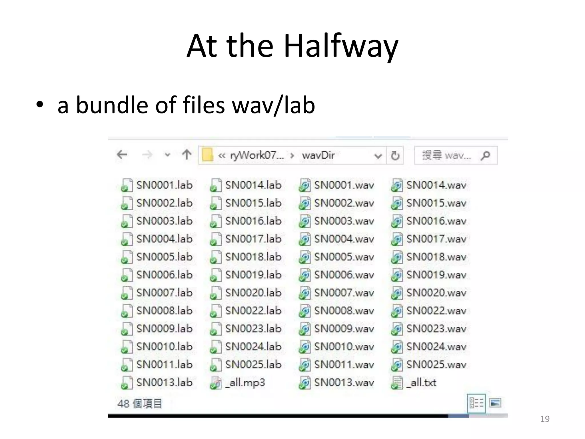 At the Halfway
• a bundle of files wav/lab
19
 