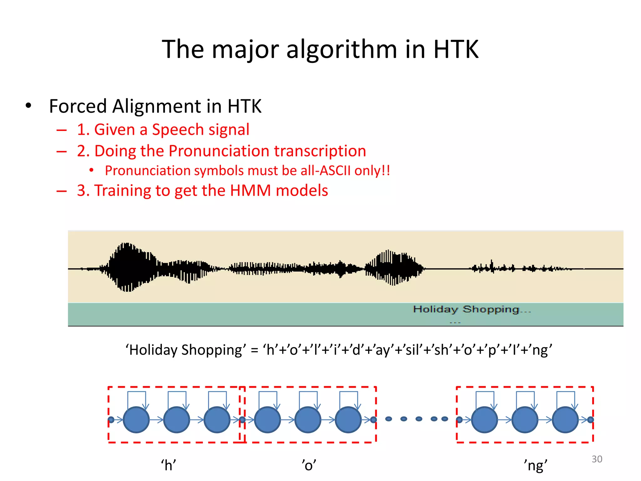 The major algorithm in HTK
30
‘Holiday Shopping’ = ‘h’+’o’+’l’+’i’+’d’+’ay’+’sil’+’sh’+’o’+’p’+’I’+’ng’
‘h’ ’o’ ’ng’
• Forced Alignment in HTK
– 1. Given a Speech signal
– 2. Doing the Pronunciation transcription
• Pronunciation symbols must be all-ASCII only!!
– 3. Training to get the HMM models
 