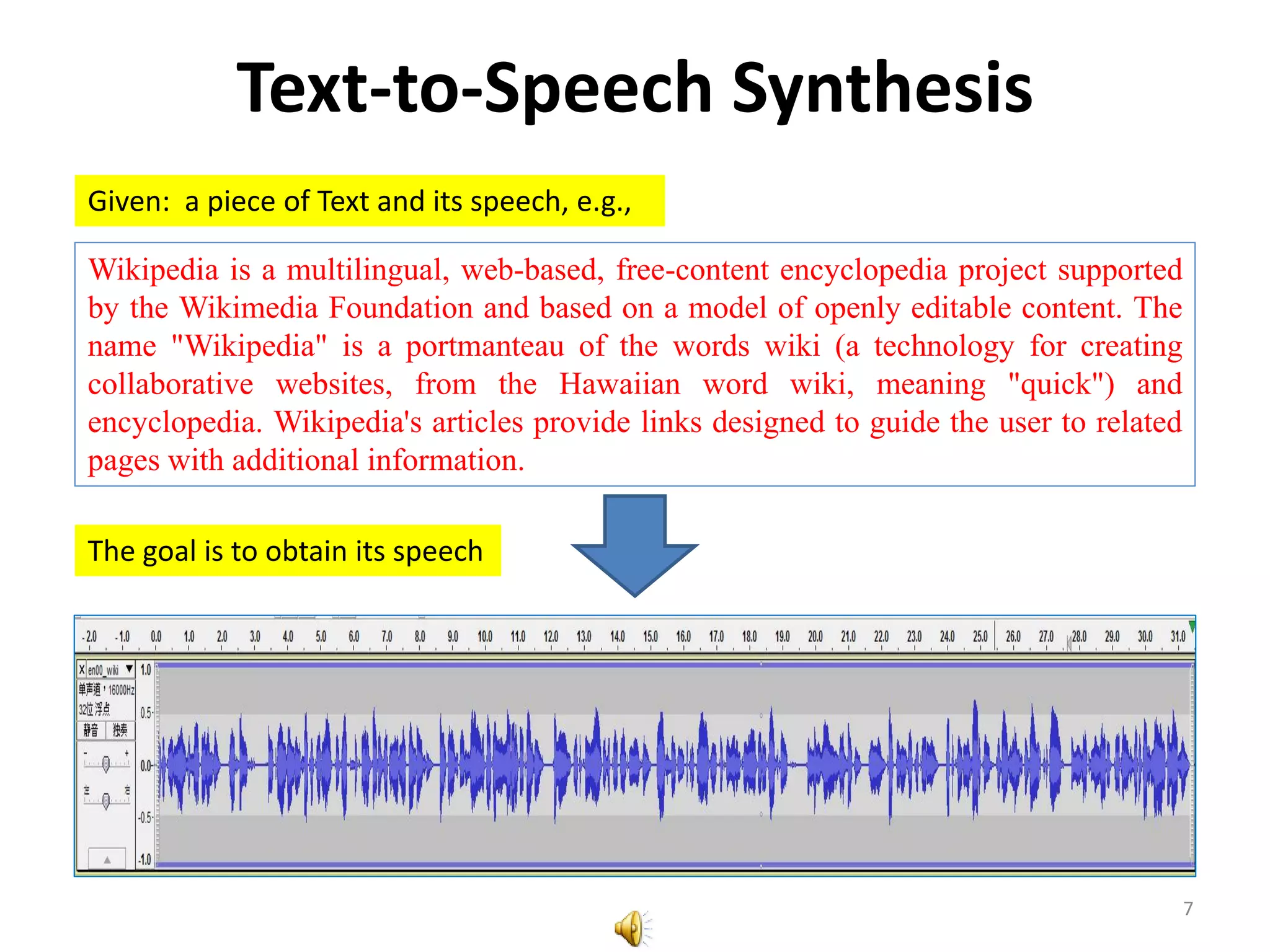 Text-to-Speech Synthesis
7
Wikipedia is a multilingual, web-based, free-content encyclopedia project supported
by the Wikimedia Foundation and based on a model of openly editable content. The
name "Wikipedia" is a portmanteau of the words wiki (a technology for creating
collaborative websites, from the Hawaiian word wiki, meaning "quick") and
encyclopedia. Wikipedia's articles provide links designed to guide the user to related
pages with additional information.
Given: a piece of Text and its speech, e.g.,
The goal is to obtain its speech
 