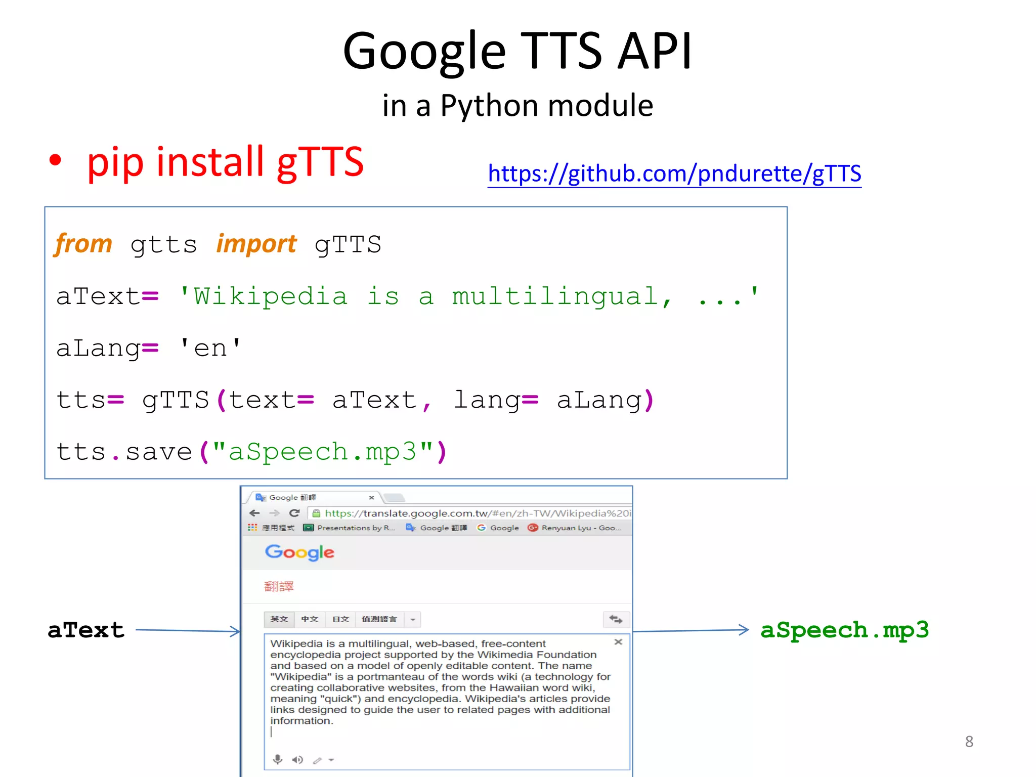 Google TTS API
in a Python module
8
• pip install gTTS
from gtts import gTTS
aText= 'Wikipedia is a multilingual, ...'
aLang= 'en'
tts= gTTS(text= aText, lang= aLang)
tts.save("aSpeech.mp3")
aSpeech.mp3aText
https://github.com/pndurette/gTTS
 