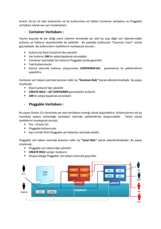 Oracle 12cye ait olan kullan?c?lar? ve bu kullan?c?lara ait haklar? Container veritaban? ve Pluggable
veritaban? olarak ayr? ayr? incelemeliyiz.
- Container Veritaban? :
Yaz?n?n ba??nda da yer ald??? zere sistemin temelinde yer alan bu yap? di?er veri tabanlar?ndaki
kullan?c? ve haklar?n? dzenlemekle de yetkilidir. Bu yap?daki kullan?c?lar Common Users olarak
ge?mektedir. Bu kullan?c?lar?n ?zelliklerini inceleyecek olursak ;
? Kullan?c?lar Root Containerdan y?netilir
? Her kullan?c? C## ?n ad?yla ba?lamak zorundad?r.
? Container zerindeki her kullan?c? Pluggable i?inde ge?erlidir.
? Tekil kullan?c?lard?r.
? Komut sat?r?nda kullan?c? olu?tururken CONTAINER=ALL parametresi ile yetkilendirme
yapabiliriz.
Container veri taban? zerinde bulunan roller ise Common Role olarak adland?r?lmaktad?r. Bu yap?y?
incelersek;
? Root Containerdan y?netilir
? CREATE ROLE C SET CONTAINER parameteleri kullan?l?r
? C## ?n ad?yla ba?lamak zorundad?r.
- Pluggable Veritaban? :
Bu yap?y? Oracle 12c ?ncesinde yer alan veritaban? mant??? olarak d?nebiliriz. Kullan?c?lar?m?z da bu
mant?kda sadece kullan?ld??? veritaban? zerinde yetkilendirilip olu?turulabilir. Temel olarak
?zelliklerini inceleyecek olursak;
? Pre C Oracle 12c
? Pluggable kullan?c?s?d?r
? Ayn? isimde farkl? Pluggable veri tabanlar? zerinde olabilir.
Pluggable veri taban? zerinde bulunan roller ise Local Role olarak adland?r?lmaktad?r. Bu yap?y?
incelersek;
? Pluggable veri taban?ndan y?netilir.
? CREATE ROLE syntax? kullan?r?z
? Olu?turuldu?u Pluggable veri taban? zerinde ge?erlidir.
 
