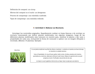 Definición de compost: un circep
Efectos del compost en el suelo: un ideograma
Proceso de compostaje: una mándala cuadrada
Tipos de compostaje: una mándala redonda
Actividad 3. Elaborar un Recetario.
Investigar los contenidos asignados. Seguidamente realizar en hojas blancas o de reciclaje un
recetario comenzando por definir plantas medicinales con algunas imágenes, luego de las
diferentes plantas medicinales más comunes en nuestro país, nombrar la planta y dar usos y
propiedades de cada una, incluyendo la forma de consumir o aplicar con su imagen dibujada o
recortada. (Mínimo 10 plantas). Ejemplo:
Aloe Vera.
Es una planta medicinal muy fácil de utilizar y mantener, se planta en macetas con buen drenaje,
no necesita un cuidado excesivo.
Usos y Propiedades: Es muy útil para aplicar sobre cortes, heridas, picaduras de insectos,
quemaduras y cicatrices, ideal para refrescar la piel reseca. Mejora la apariencia de una piel
propensa al acné. Purificador natural del aire de casa.
Lo mejor es usar la gelatina interna de sus hojas, hacer un gel para uso externo.
 
