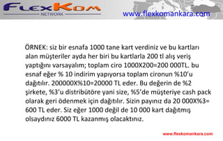 www.flexkomankara.com ÖRNEK: siz bir esnafa 1000 tane kart verdiniz ve bu kartları alan müşteriler ayda her biri bu kartlarla 200 tl alış veriş yaptığını varsayalım; toplam ciro 1000X200=200 000TL. bu esnaf eğer % 10 indirim yapıyorsa toplam cironun %10’u dağıtılır. 200000X%10=20000 TL eder. Bu değerin de %2 şirkete, %3’u distribütöre yani size, %5’de müşteriye cash pack olarak geri ödenmek için dağıtılır. Sizin payınız da 20 000X%3= 600 TL eder. Siz eğer 1000 değil de 10 000 kart dağıtmış olsaydınız 6000 TL kazanmış olacaktınız. www.flexkomankara.com 
