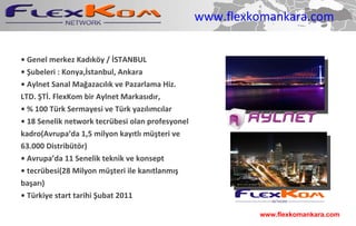 www.flexkomankara.com •  Genel merkez Kadıköy / İSTANBUL •  Şubeler i  : Konya,İstanbul, Ankara •  Aylnet Sanal Ma ğazacılı k ve Pazarlama   Hiz. LTD.  Ş T İ . FlexKom bir Aylnet Markas ıdır, •  % 100 Türk Sermayesi ve Türk yazılımcılar •  18 Senelik network tecrübesi olan profesyonel kadro(Avrupa’da 1,5 milyon kayıtlı müşteri ve 63.000 Distribütör) •  Avrupa’da 11 Senelik teknik ve konsept •  tecrübesi(28 Milyon müşteri ile kanıtlanmış başarı) •  Türkiye start tarihi Şubat 2011 www.flexkomankara.com 