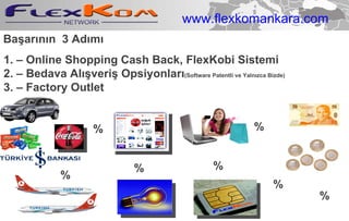 Başarının  3 Adımı 1 .  – Online Shopping  Cash Back,  FlexKobi  Sistemi 2 .  – Bedava Alışveriş Opsiyonları (Software Patentli ve Yalnızca Bizde) 3. – Factory Outlet % % % % % % % www.flexkomankara.com 