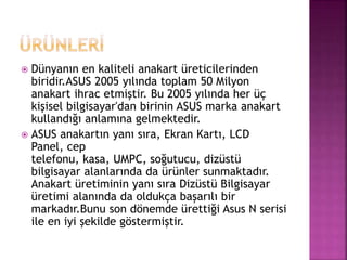  Dünyanın en kaliteli anakart üreticilerinden 
biridir.ASUS 2005 yılında toplam 50 Milyon 
anakart ihrac etmiştir. Bu 2005 yılında her üç 
kişisel bilgisayar'dan birinin ASUS marka anakart 
kullandığı anlamına gelmektedir. 
 ASUS anakartın yanı sıra, Ekran Kartı, LCD 
Panel, cep 
telefonu, kasa, UMPC, soğutucu, dizüstü 
bilgisayar alanlarında da ürünler sunmaktadır. 
Anakart üretiminin yanı sıra Dizüstü Bilgisayar 
üretimi alanında da oldukça başarılı bir 
markadır.Bunu son dönemde ürettiği Asus N serisi 
ile en iyi şekilde göstermiştir. 
 