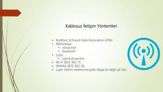 Kablosuz İletişim Yöntemleri
• Kızılötesi (Infrared Data Association-IrDA)
• Mikrodalga
• istasyonlar
• bluetooth
• Uydu
• Uplink/Downlink
• Wi-Fi (IEEE 802.11)
• WiMAX (IEEE 802.16)
• Laser (iletimi elektromanyatik dalga ile değil ışık ile!)
 
