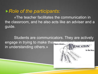 Role of the participants:
«The teacher facilitates the communication in
the classroom, and he also acts like an adviser and a
guide.
Students are communicators. They are actively
engage in trying to make themselves understood and
in understanding others.»

 