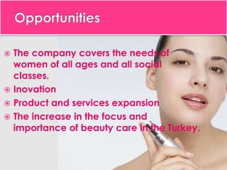  The company covers the needs of
women of all ages and all social
classes.
 Inovation
 Product and services expansion
 The increase in the focus and
importance of beauty care in the Turkey.
 