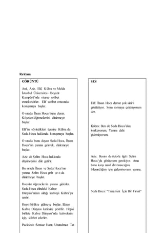 Reklam
GÖRÜNTÜ
Anıl, Aziz, Elif, Kübra ve Melda
İstanbul Üniversitesi Beyazıt
Kampüsü’nde oturup sohbet
etmektedirler. Elif sohbet ortasında
konuşmaya başlar.
O sırada İhsan Hoca bunu duyar.
Köşeden öğrencilerini dinlemeye
başlar.
Elif’in söyledikleri üzerine Kübra da
Seda Hoca hakkında konuşmaya başlar.
O sırada bunu duyan Seda Hoca, İhsan
Hoca’nın yanına gelerek, dinlemeye
başlar.
Aziz de Selim Hoca hakkında
düşüncesini dile getirir.
Bu sırada İhsan ve Seda Hoca’nın
yanına Selim Hoca gelir ve o da
dinlemeye başlar.
Hocalar öğrencilerin yanına giderler.
Seda Hoca elindeki Kahve
Dünyası’ndan aldığı kahveyi Kübra’ya
uzatır.
Hepsi birlikte gülmeye başlar. Ekran
Kahve Dünyası kafesine çevrilir. Hepsi
birlikte Kahve Dünyası’nda kahvelerini
içip, sohbet ederler.
Packshot: Sonsuz Hatır, Unutulmaz Tat
SES
Elif: İhsan Hoca derste çok sinirli
gözüküyor. Soru sormaya çekiniyorum
der.
Kübra: Ben de Seda Hoca’dan
korkuyorum. Yanına dahi
gidemiyorum.
Aziz: Benim de ödevle ilgili Selim
Hoca’yla görüşmem gerekiyor. Ama
bana karşı nasıl davranacağını
bilemediğim için gidemiyorum yanına.
Seda Hoca: “Tanışmak İçin Bir Fırsat”
 