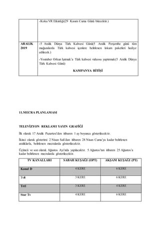 -Koku VR Etkinliği(29 Kasım Cuma Günü bitecektir.)
ARALIK
2019
-5 Aralık Dünya Türk Kahvesi Günü(5 Aralık Perşembe günü tüm
mağazalarda Türk kahvesi içenlere belirlenen lokum paketleri hediye
edilecek.)
-Youtuber Orkun Işıtmak’a Türk kahvesi videosu yaptırmak(5 Aralık Dünya
Türk Kahvesi Günü)
KAMPANYA BİTİŞİ
11.MECRA PLANLAMASI
TELEVİZYON REKLAMI YAYIN GRAFİĞİ
İlk olarak 17 Aralık Pazartesi’den itibaren 1 ay boyunca gösterilecektir.
İkinci olarak gösterimi 2 Nisan Salı’dan itibaren 28 Nisan Cuma’ya kadar belirlenen
aralıklarla, belirlenen mecralarda gösterilecektir.
Üçüncü ve son olarak Ağustos Ayı’nda yapılacaktır. 5 Ağustos’tan itibaren 25 Ağustos’a
kadar belirlenen mecralarda gösterilecektir.
TV KANALLARI SABAH KUŞAĞI (OPT) AKŞAM KUŞAĞI (PT)
Kanal D 4 KERE 6 KERE
Tv8 3 KERE 6 KERE
Trt1 3 KERE 4 KERE
Star Tv 4 KERE 6 KERE
 