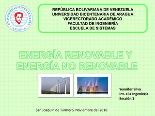 REPÚBLICA BOLIVARIANA DE VENEZUELA
UNIVERSIDAD BICENTENARIA DE ARAGUA
VICERECTORADO ACADÉMICO
FACULTAD DE INGENIERÍA
ESCUELA DE SISTEMAS
Yennifer Silva
Int. a la Ingeniería
Sección 1
San Joaquín de Turmero, Noviembre del 2018
 