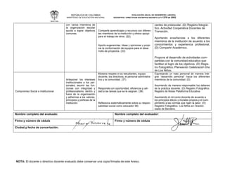 REPÚBLICA DE COLOMBIA
MINISTERIO DE EDUCACIÓN NACIONAL
EVALUACIÓN ANUAL DE DESEMPEÑO LABORAL
DOCENTES Y DIRECTIVOS DOCENTES DECRETO LEY 1278 DE 2002
NOTA: El docente o directivo docente evaluado debe conservar una copia firmada de este Anexo.
con varios miembros de
la organización escolar
ayuda a lograr objetivos
comunes.
Comparte aprendizajes y recursos con diferen-
tes miembros de la institución y ofrece apoyo
para el trabajo de otros. (32)
Aporta sugerencias, ideas y opiniones y propi-
cia la conformación de equipos para el desa-
rrollo de proyectos. (33)
centes de preescolar. (D) Registro fotográ-
fico. Actividad Cooperativa Docentes de
Transición.
Aportando enseñanzas a los diferentes
miembros de la institución de acuerdo a los
conocimientos y experiencia profesional.
(D) Compartir Académico.
Propone el desarrollo de actividades com-
partidas con la comunidad educativa que
facilitan el logro de los objetivos. (D) Regis-
tro Fotográfico. Planeación Celebración Día
de Los Niños.
Compromiso Social e Institucional
Anteponer los intereses
institucionales a los per-
sonales, asumir las fun-
ciones con integridad y
profesionalismo dentro y
fuera de la organización
y adherirse a los valores,
principios y políticas de la
institución.
Muestra respeto a los estudiantes, equipo
docente, los directivos, el personal administra-
tivo y la comunidad. (37)
Responde con oportunidad, eficiencia y cali-
dad a las tareas que se le asignan. (38)
.
Reflexiona sistemáticamente sobre su respon-
sabilidad social como educador 39)
Expresando un trato personal de manera inte-
gral “desarrollo personal” hacia los diferentes
miembros de la comunidad. (D)
Asumiendo de manera responsable los deberes
de la práctica docente. (D) Registro Fotográfico.
Registro de Notas Plataforma Educativa
Asumiendo el rol como docente de acuerdo a
los principios éticos y morales propios y el cum-
plimiento a las normas que rigen la labor. (D)
Registro Fotográfico. Los Niños en Oración.
Izada de Bandera.
Nombre completo del evaluado: Nombre completo del evaluador:
Firma y número de cédula Firma y número de cédula
Ciudad y fecha de concertación:
YENNI PATRICIA NAVARRETE SOLÍS
59.672.797
LUCY JANETH RODRIGUEZ SINISTERRA
34.677.930
Olaya Herrera, Bocas de Satinga; Diciembre 05 de 2022.
 
