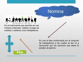 Nomina
Es el instrumento que permite de una
manera ordenada, realizar el pago de
sueldos o salarios a los trabajadores.
Es una la lista conformada por el conjunto
de trabajadores a los cuales se les va a
remunerar por los servicios que éstos le
prestan al patrono.
 