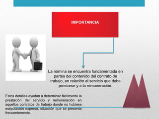 IMPORTANCIA
La nómina se encuentra fundamentada en
partes del contenido del contrato de
trabajo, en relación al servicio que deba
prestarse y a la remuneración.
Estos detalles ayudan a determinar fácilmente la
prestación del servicio y remuneración en
aquellos contratos de trabajo donde no hubiese
estipulación expresa, situación que se presenta
frecuentemente.
 