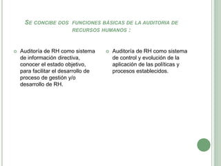 SE CONCIBE DOS FUNCIONES BÁSICAS DE LA AUDITORIA DE
RECURSOS HUMANOS :
 Auditoría de RH como sistema
de información directiva,
conocer el estado objetivo,
para facilitar el desarrollo de
proceso de gestión y/o
desarrollo de RH.
 Auditoría de RH como sistema
de control y evolución de la
aplicación de las políticas y
procesos establecidos.
 