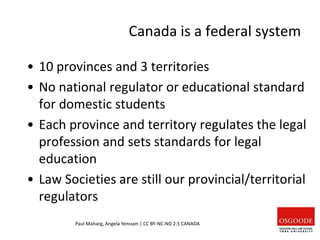 Canada is a federal system
Paul Maharg, Angela Yenssen | CC BY-NC-ND 2.5 CANADA
• 10 provinces and 3 territories
• No national regulator or educational standard
for domestic students
• Each province and territory regulates the legal
profession and sets standards for legal
education
• Law Societies are still our provincial/territorial
regulators
 