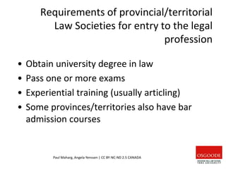Requirements of provincial/territorial
Law Societies for entry to the legal
profession
Paul Maharg, Angela Yenssen | CC BY-NC-ND 2.5 CANADA
• Obtain university degree in law
• Pass one or more exams
• Experiential training (usually articling)
• Some provinces/territories also have bar
admission courses
 