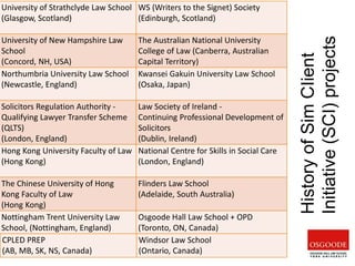University of Strathclyde Law School
(Glasgow, Scotland)
WS (Writers to the Signet) Society
(Edinburgh, Scotland)
University of New Hampshire Law
School
(Concord, NH, USA)
The Australian National University
College of Law (Canberra, Australian
Capital Territory)
Northumbria University Law School
(Newcastle, England)
Kwansei Gakuin University Law School
(Osaka, Japan)
Solicitors Regulation Authority -
Qualifying Lawyer Transfer Scheme
(QLTS)
(London, England)
Law Society of Ireland -
Continuing Professional Development of
Solicitors
(Dublin, Ireland)
Hong Kong University Faculty of Law
(Hong Kong)
National Centre for Skills in Social Care
(London, England)
The Chinese University of Hong
Kong Faculty of Law
(Hong Kong)
Flinders Law School
(Adelaide, South Australia)
Nottingham Trent University Law
School, (Nottingham, England)
Osgoode Hall Law School + OPD
(Toronto, ON, Canada)
History
of
Sim
CIient
Initiative
(SCI)
projects
CPLED PREP
(AB, MB, SK, NS, Canada)
Windsor Law School
(Ontario, Canada)
 