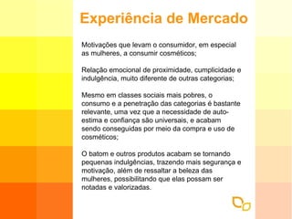 Experiência de Mercado Motivações que levam o consumidor, em especial as mulheres, a consumir cosméticos; Relação emocional de proximidade, cumplicidade e indulgência, muito diferente de outras categorias; Mesmo em classes sociais mais pobres, o consumo e a penetração das categorias é bastante relevante, uma vez que a necessidade de auto-estima e confiança são universais, e acabam sendo conseguidas por meio da compra e uso de cosméticos; O batom e outros produtos acabam se tornando pequenas indulgências, trazendo mais segurança e motivação, além de ressaltar a beleza das mulheres, possibilitando que elas possam ser notadas e valorizadas.   