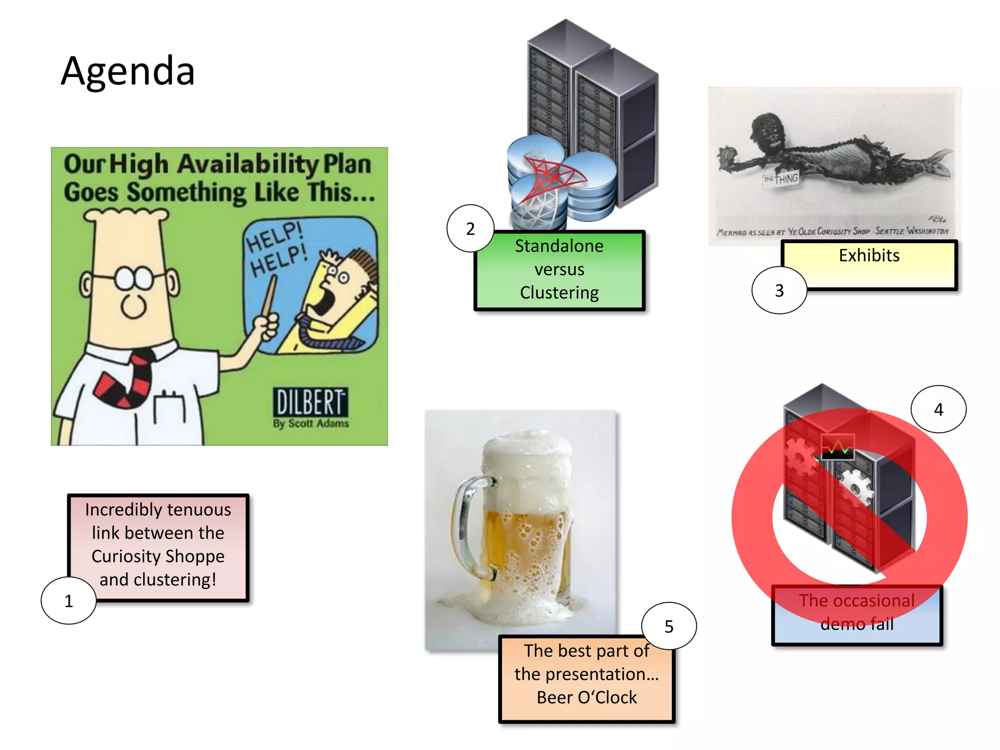 Agenda
The occasional
demo fail
The best part of
the presentation…
Beer O‘Clock
Standalone
versus
Clustering
Incredibly tenuous
link between the
Curiosity Shoppe
and clustering!
1
4
2
5
Exhibits
3
 