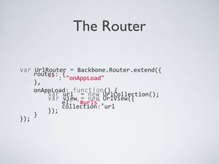 The Router
var UrlRouter = Backbone.Router.extend({
routes: {
"" : "onAppLoad"
},
onAppLoad: function() {
var url = new UrlCollection();
var view = new UrlView({
el: '#urls',
collection: url
});
}
});
 