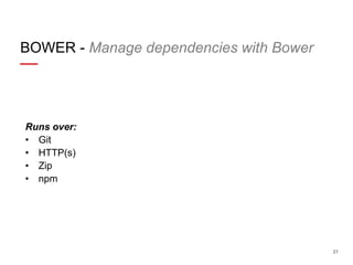 BOWER - Manage dependencies with Bower

Runs over:
• Git
• HTTP(s)
• Zip
• npm

21

 