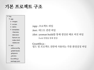 기본 프로젝트 구조



       /app : 프로젝트 파일
       /test : 테스트 관련 파일
       /dist : yeoman build를 통해 생성된 배포 버전 파일
           (build 명령을 통해 생성)


       Gruntfile.js :
       빌드 및 프로젝트 전반에 사용되는 각종 환경설정 파일
 
