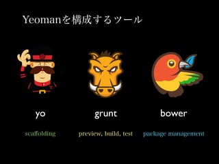 Yeoman򘋳ɤĩ`
yo grunt bower
sca?olding preview, build, test package management
 