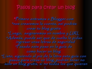 Pasos para crear un blog

       * Primero entramos a Blogger.com
      *nos crearemos la cuenta, así podrás
               crear tu blog gratis
    *Luego,  asignaremos un nombre y URL
   *Además, puede ser que de vuelta le pidan
         ingresar unas letras de seguridad
        *Pasado este paso en la guía de
               como hacer un blog
*Listo, siguiendo al pie de la letra esta guía con
     pasos para creas un blog, podrán tener no
  solo un blog gratis, si no todos los que quieran
                          !.
 